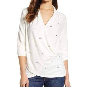1. State Sweater White Jeweled Faux Wrap Front V-Neck knit casual neutral